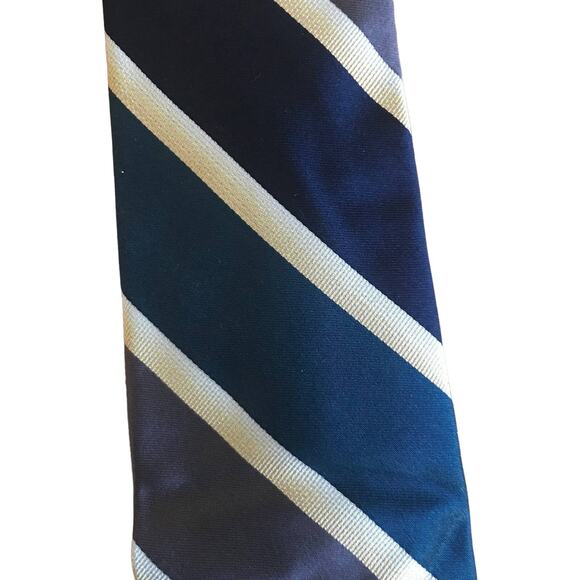 Vintage Countess Wara Striped Tie, Grey Navy Teal Gold Tie, Woolf Brothers - Picture 3 of 5